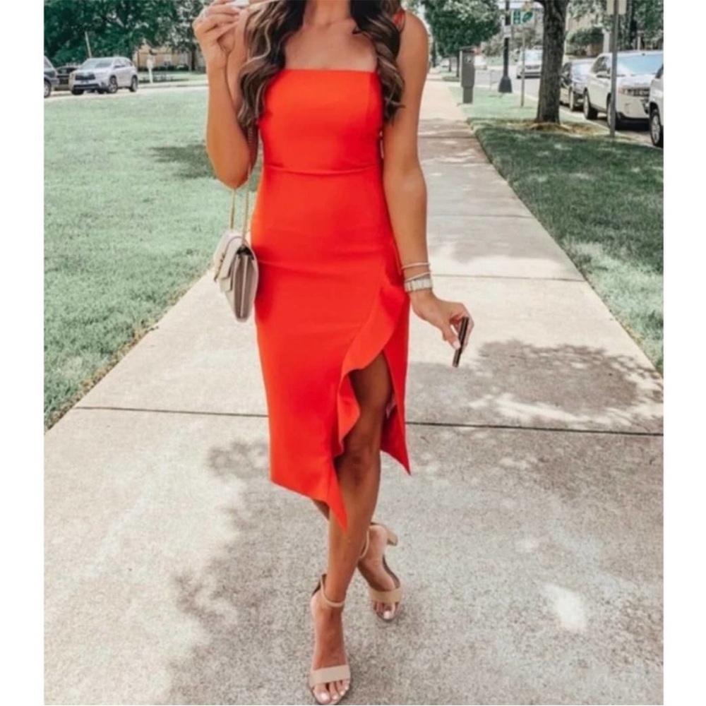 ☑️ Bardot Carmelle Cocktail Dress Ruffle Slit Fitted size 10/L - Picture 2 of 12
